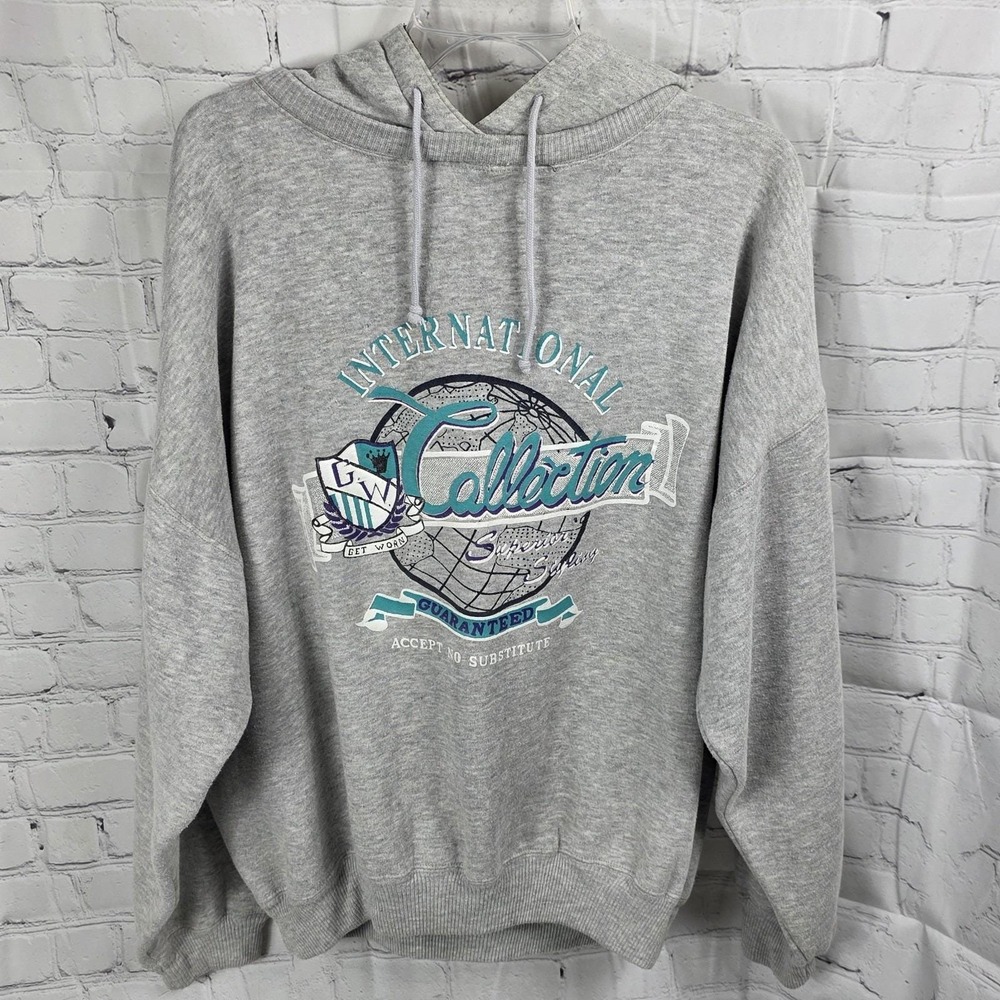 Vintage 90s Hoodie WORN Brand Gray Graphic‎ Print Sweatshirt Large